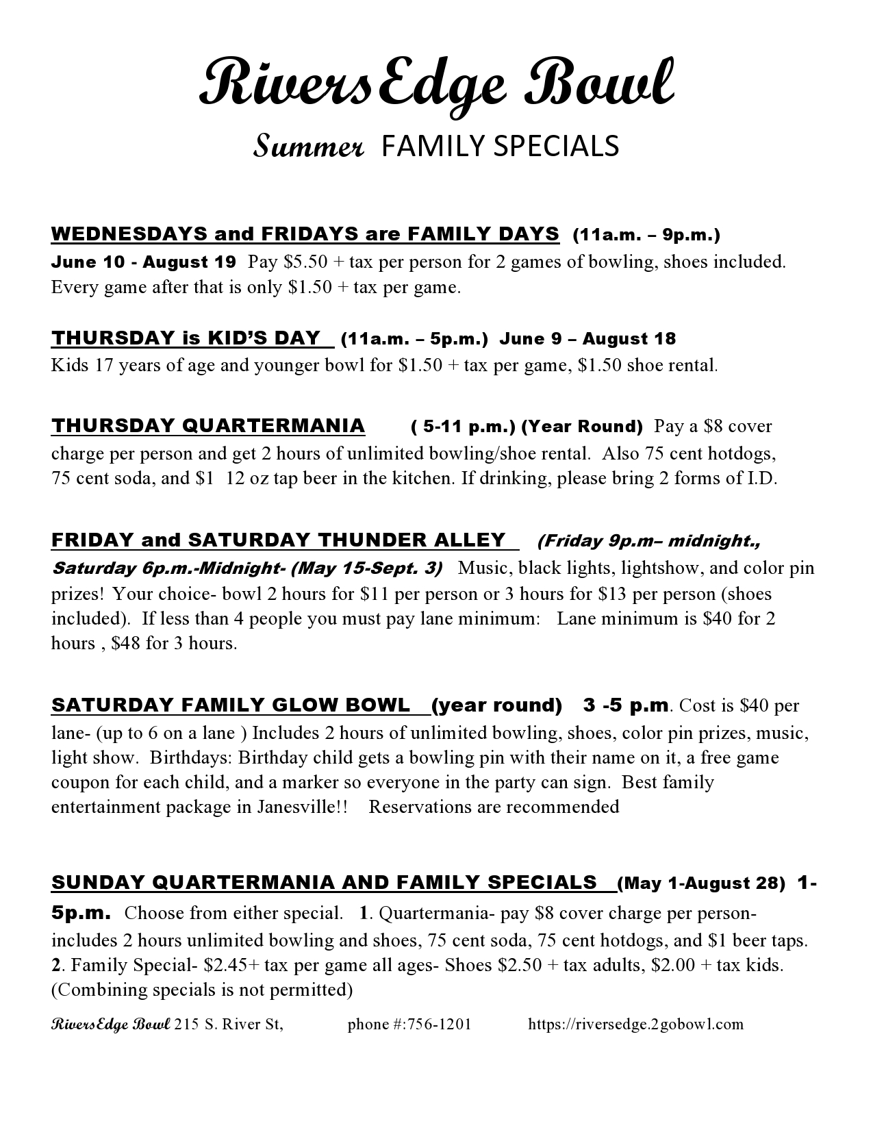 Bowling Specials RiversEdge Bowl Janesville,WI Bowling Center